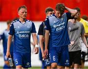 10 July 2025; Domantas Antanavicius, left, and Vilius Armalas of FC Hegelmann after the UEFA Conference League First Qualifying Round first leg match between St Patrick's Athletic and FC Hegelmann at Richmond Park in Dublin. Photo by Ben McShane/Sportsfile