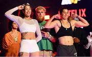 10 July 2025; Tamm Thibeault, left, and Mary Casamassa with Jake Paul, co-Founder of Most Valuable Promotions, during weigh-ins, held at The Theater at Madison Square Garden in New York, USA, ahead of their middleweight bout on July 11th at Madison Square Garden in New York. Photo by Stephen McCarthy/Sportsfile