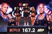 10 July 2025; Shadasia Green during weigh-ins, held at The Theater at Madison Square Garden in New York, USA, ahead of her IBF and WBO super middleweight championship fight with Savannah Marshall on July 11th at Madison Square Garden in New York. Photo by Stephen McCarthy/Sportsfile