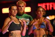 10 July 2025; Chantelle Cameron, left, and Jessica Camara with Jake Paul, co-Founder of Most Valuable Promotions, during weigh-ins, held at The Theater at Madison Square Garden in New York, USA, ahead of their WBC interim super lightweight championship fight on July 11th at Madison Square Garden in New York. Photo by Stephen McCarthy/Sportsfile