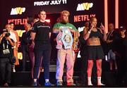 10 July 2025; Savannah Marshall, left, and Shadasia Green with Jake Paul, co-Founder of Most Valuable Promotions, during weigh-ins, held at The Theater at Madison Square Garden in New York, USA, ahead of their IBF and WBO super middleweight championship fight on July 11th at Madison Square Garden in New York. Photo by Stephen McCarthy/Sportsfile
