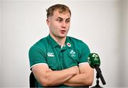 11 July 2025; Craig Casey speaking to media after an Ireland rugby captain's run at Estádio Nacional do Jamor in Lisbon, Portugal. Photo by David Fitzgerald/Sportsfile
