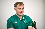 11 July 2025; Craig Casey speaking to media after an Ireland rugby captain's run at Estádio Nacional do Jamor in Lisbon, Portugal. Photo by David Fitzgerald/Sportsfile