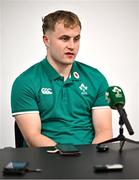 11 July 2025; Craig Casey speaking to media after an Ireland rugby captain's run at Estádio Nacional do Jamor in Lisbon, Portugal. Photo by David Fitzgerald/Sportsfile