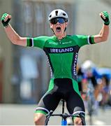 11 July 2025; Toby Sweetman of Cycling Ireland winning Stage 4 of 2025 Junior Tour of Ireland from Ennis to Kilfenora. Photo by Stephen McMahon/Sportsfile