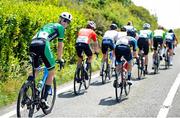 11 July 2025; Toby Sweetman at the rear of the breakaway during Stage 4 of 2025 Junior Tour of Ireland from Ennis to Kilfenora. Photo by Stephen McMahon/Sportsfile