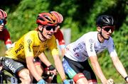 11 July 2025; Jack Ray of Hot Tubes with Best-place First Year Junior Toby Tombs of Lee Valley Youth CC Team during Stage 4 of 2025 Junior Tour of Ireland from Ennis to Kilfenora. Photo by Stephen McMahon/Sportsfile