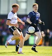 11 July 2025; Louis Monaghan of Warwickshire in action against Páidí Mathers of New York during the GAA Football All-Ireland Junior Championship semi-final match between New York and Warwickshire at the GAA National Centre of Excellence in Abbotstown, Dublin. Photo by Piaras Ó Mídheach/Sportsfile