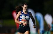 11 July 2025; Lucy Foster of Willowfield Harriers celebrates winning the The Jerry Kiernan Foundation U20 Women's Mile during the 2025 Morton Games at Morton Stadium in Santry, Dublin. Photo by Ramsey Cardy/Sportsfile