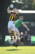 11 July 2025; Walter Walsh of Kilkenny wins the first half throw-in against Christopher Morris of London during the GAA Football All-Ireland Junior Championship semi-final match between London and Kilkenny at the GAA National Centre of Excellence in Abbotstown, Dublin. Photo by Piaras Ó Mídheach/Sportsfile