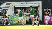 11 July 2025; London players Ryan O'Connell, 17, and Jack Power, 2, celebrate after their side's victory in the GAA Football All-Ireland Junior Championship semi-final match between London and Kilkenny at the GAA National Centre of Excellence in Abbotstown, Dublin. Photo by Piaras Ó Mídheach/Sportsfile