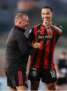 11 July 2025; Bohemians manager Alan Reynolds with player Douglas James Taylor after their side's victory in the SSE Airtricity Men's Premier Division match between Bohemians and Galway United at Dalymount Park in Dublin. Photo by Thomas Flinkow/Sportsfile