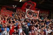11 July 2025; Bohemians supporters celebrate after their side's win in the SSE Airtricity Men's Premier Division match between Bohemians and Galway United at Dalymount Park in Dublin. Photo by Thomas Flinkow/Sportsfile