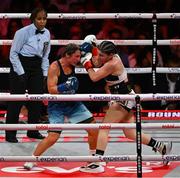 11 July 2025; Ellie Scotney, left, and Yamileth Mercado during their IBF, WBC and WBO super bantamweight unification fight at Madison Square Garden in New York, USA. Photo by Stephen McCarthy/Sportsfile