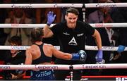 11 July 2025; Ellie Scotney, left, celebrates with her trainer Shane McGuigan after her unanimous decision victory in her IBF, WBC and WBO super bantamweight unification fight with Yamileth Mercado at Madison Square Garden in New York, USA. Photo by Stephen McCarthy/Sportsfile