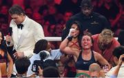 11 July 2025; Ellie Scotney, right, is declared the winner by unanimous decision against Yamileth Mercado during their IBF, WBC and WBO super bantamweight unification fight at Madison Square Garden in New York, USA. Photo by Stephen McCarthy/Sportsfile