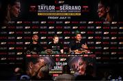 11 July 2025; Katie Taylor with her Matchroom Boxing promoter Eddie Hearn, right, and trainer Ross Enamait, left, during her post-fight press conference following her undisputed super lightweight championship fight victory over Amanda Serrano at Madison Square Garden in New York, USA. Photo by Stephen McCarthy/Sportsfile