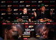 11 July 2025; Katie Taylor with her Matchroom Boxing promoter Eddie Hearn, right, and trainer Ross Enamait, left, during her post-fight press conference following her undisputed super lightweight championship fight victory over Amanda Serrano at Madison Square Garden in New York, USA. Photo by Stephen McCarthy/Sportsfile