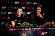 11 July 2025; Katie Taylor with her Matchroom Boxing promoter Eddie Hearn during her post-fight press conference following her undisputed super lightweight championship fight victory over Amanda Serrano at Madison Square Garden in New York, USA. Photo by Stephen McCarthy/Sportsfile