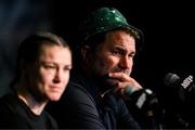 11 July 2025; Matchroom Boxing promoter Eddie Hearn with Katie Taylor during her post-fight press conference following her undisputed super lightweight championship fight victory over Amanda Serrano at Madison Square Garden in New York, USA. Photo by Stephen McCarthy/Sportsfile