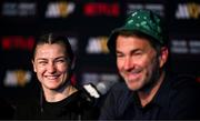 11 July 2025; Katie Taylor with Matchroom Boxing promoter Eddie Hearn during her post-fight press conference following her undisputed super lightweight championship fight victory over Amanda Serrano at Madison Square Garden in New York, USA. Photo by Stephen McCarthy/Sportsfile