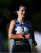 11 July 2025; Lucy Foster of Willowfield Harriers celebrates winning the The Jerry Kiernan Foundation U20 Women's Mile during the 2025 Morton Games at Morton Stadium in Santry, Dublin. Photo by Ramsey Cardy/Sportsfile