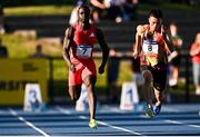 11 July 2025; Israel Olatunde of Ireland competes in the Men's 100m event during the 2025 Morton Games at Morton Stadium in Santry, Dublin. Photo by Ramsey Cardy/Sportsfile