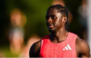 11 July 2025; Israel Olatunde of Ireland after winning the Men's 100m event during the 2025 Morton Games at Morton Stadium in Santry, Dublin. Photo by Ramsey Cardy/Sportsfile