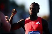 11 July 2025; Israel Olatunde of Ireland after winning the Men's 100m event during the 2025 Morton Games at Morton Stadium in Santry, Dublin. Photo by Ramsey Cardy/Sportsfile