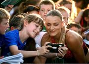 11 July 2025; Lisanne de Witte of Netherlands with supporters after the Women's 400m final during the 2025 Morton Games at Morton Stadium in Santry, Dublin. Photo by Ramsey Cardy/Sportsfile