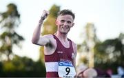 11 July 2025; Jack O'Leary of Ireland celebrates finishing fourth in the Men's 5000m final during the 2025 Morton Games at Morton Stadium in Santry, Dublin. Photo by Ramsey Cardy/Sportsfile