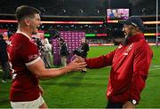 12 July 2025; Owen Farrell, left, and Bundee Aki of British & Irish Lions after the tour match between AUNZ XV and the British & Irish Lions at the Adelaide Oval in Adelaide, Australia. Photo by Brendan Moran/Sportsfile