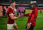 12 July 2025; Owen Farrell, left, and Bundee Aki of British & Irish Lions after the tour match between AUNZ XV and the British & Irish Lions at the Adelaide Oval in Adelaide, Australia. Photo by Brendan Moran/Sportsfile