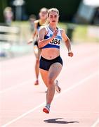 12 July 2025; Katie Doherty of Ratoath A.C., Dublin, competes in the Girls U19 200m during day three of the Juvenile Track and Field Championships at Tullamore Harriers Athletics Club in Tullamore, Offaly. Photo by Ben McShane/Sportsfile