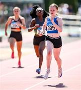 12 July 2025; Alisha Maher of Tullamore Harriers A.C., Offaly, competes in the Girls U19 200m during day three of the Juvenile Track and Field Championships at Tullamore Harriers Athletics Club in Tullamore, Offaly. Photo by Ben McShane/Sportsfile