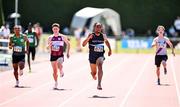 12 July 2025; Lemar Lucciano of West Coast A.C., Galway, centre, on his way to winning the Boys U19 200m during day three of the Juvenile Track and Field Championships at Tullamore Harriers Athletics Club in Tullamore, Offaly. Photo by Ben McShane/Sportsfile