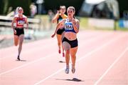 12 July 2025; Katie Doherty of Ratoath A.C., Dublin, competes in the Girls U19 200m during day three of the Juvenile Track and Field Championships at Tullamore Harriers Athletics Club in Tullamore, Offaly. Photo by Ben McShane/Sportsfile