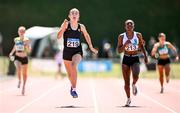 12 July 2025; Saoirse Ballesty Byrne of Naas A.C., Kildare, left, and  Alicia Hegarty of Midleton A.C.,   Cork, compete in the Girls U17 200m during day three of the Juvenile Track and Field Championships at Tullamore Harriers Athletics Club in Tullamore, Offaly. Photo by Ben McShane/Sportsfile