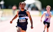 12 July 2025; Lemar Lucciano of West Coast A.C., Galway, on his way to winning the Boys U19 200m during day three of the Juvenile Track and Field Championships at Tullamore Harriers Athletics Club in Tullamore, Offaly. Photo by Ben McShane/Sportsfile