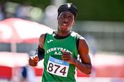 12 July 2025; Fortune Olalekan of Ferrybank A.C., Waterford, competes in the Boys U19 200m during day three of the Juvenile Track and Field Championships at Tullamore Harriers Athletics Club in Tullamore, Offaly. Photo by Ben McShane/Sportsfile