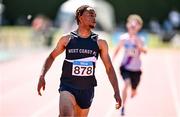 12 July 2025; Lemar Lucciano of West Coast A.C., Galway, after winning the Boys U19 200m during day three of the Juvenile Track and Field Championships at Tullamore Harriers Athletics Club in Tullamore, Offaly. Photo by Ben McShane/Sportsfile