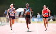 12 July 2025; Girls U18 200m competitors, from left, Anna Hogg of Lagan Valley A.C., Antrim,  Adele Anigala of Metro/St. Brigids A.C., Dublin, and  Laura Hoade of St. Colmans South Mayo A.C., Mayo, during day three of the Juvenile Track and Field Championships at Tullamore Harriers Athletics Club in Tullamore, Offaly. Photo by Ben McShane/Sportsfile