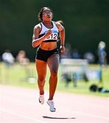 12 July 2025; Cindy Nwedo of Donore Harriers A.C., Dublin, competes in the Girls U18 200m during day three of the Juvenile Track and Field Championships at Tullamore Harriers Athletics Club in Tullamore, Offaly. Photo by Ben McShane/Sportsfile