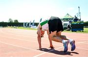 12 July 2025; Cian Brady of Craughwell A.C., Galway, after competing in the Boys U18 200m  during day three of the Juvenile Track and Field Championships at Tullamore Harriers Athletics Club in Tullamore, Offaly. Photo by Ben McShane/Sportsfile