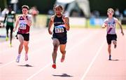 12 July 2025; Lemar Lucciano of West Coast A.C., Galway, centre, on his way to winning the Boys U19 200m during day three of the Juvenile Track and Field Championships at Tullamore Harriers Athletics Club in Tullamore, Offaly. Photo by Ben McShane/Sportsfile