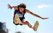 12 July 2025; Alex Collins of Lios Tuathail A.C., Kerry, competes in the Boys U16 Long Jump during day three of the Juvenile Track and Field Championships at Tullamore Harriers Athletics Club in Tullamore, Offaly. Photo by Ben McShane/Sportsfile