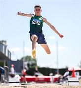 12 July 2025; Cillian Kelly of Cabinteely A.C., Dublin, competes in the Boys U16 Long Jump during day three of the Juvenile Track and Field Championships at Tullamore Harriers Athletics Club in Tullamore, Offaly. Photo by Ben McShane/Sportsfile
