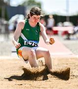 12 July 2025; Benjamin Byrne Dempsey of Castlebar A.C., Mayo, competes in the Boys U16 Long Jump during day three of the Juvenile Track and Field Championships at Tullamore Harriers Athletics Club in Tullamore, Offaly. Photo by Ben McShane/Sportsfile