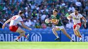 12 July 2025; David Clifford of Kerry in action against Tyrone players Brian Kennedy, left, and Padraig Hampsey during the GAA Football All-Ireland Senior Championship semi-final match between Kerry and Tyrone at Croke Park in Dublin. Photo by Piaras Ó Mídheach/Sportsfile