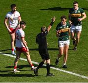 12 July 2025; David Clifford of Kerry appeals to referee Joe McQuillan during the GAA Football All-Ireland Senior Championship semi-final match between Kerry and Tyrone at Croke Park in Dublin. Photo by Ramsey Cardy/Sportsfile